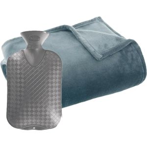 Fleece deken/plaid Grijsblauw 130 x 180 cm en een warmwater kruik 2 liter