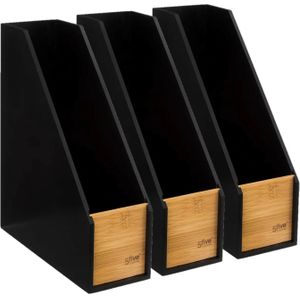 5Five lectuurbak/tijdschriftcassette - 3x - zwart - B9 x D25 x H30 cm - hout