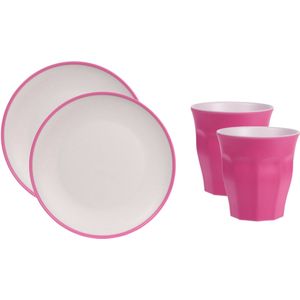 12-delige serviesset onbreekbare kunststof/melamine roze ontbijt bordjes 28 cm/bekers 9 cm