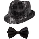 Folat - Verkleedkleding set - Glitter hoed/strikje zwart volwassenen