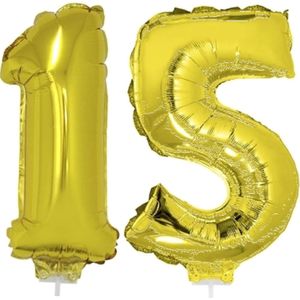 15 jaar leeftijd feestartikelen/versiering cijfers ballonnen op stokje van 41 cm - Combi van cijfer 15 in het goud