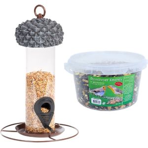 Vogel voedersilo met eikeldeksel metaal/pvc 27 cm inclusief 4-seizoenen energy vogelvoer - Vogel voederstation - Vogelvoederhuisje