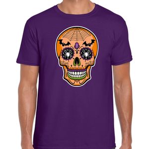 skelet gezicht day of the dead verkleed t-shirt paars voor heren - Carnaval / Halloween shirt / kleding / kostuum