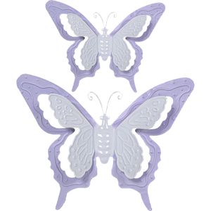 Mega Collections Tuin/schutting decoratie vlinders - metaal - lila paars - 24 x 18 cm - 46 x 34 cm
