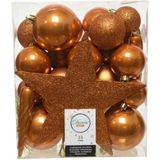33x stuks kunststof kerstballen 5, 6 en 8 cm cognac bruin inclusief ster piek en kerstbalhaakjes - Kerstversiering - Onbreekbaar