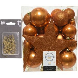 33x stuks kunststof kerstballen 5, 6 en 8 cm cognac bruin inclusief ster piek en kerstbalhaakjes - Kerstversiering - Onbreekbaar