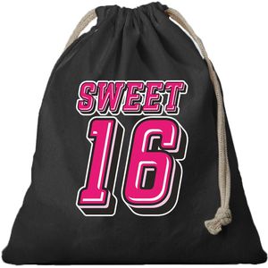 1x Canvas cadeautasje verjaardag Sweet 16 stoer zwart met koord 25 x 30 cm - Geschenktas/ cadeautas Sweet 16