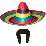 Carnaval verkleed set - Mexicaanse sombrero hoed dia 49 cm met plaksnor - multi kleuren - heren