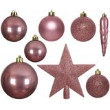 Kerstversiering kunststof kerstballen 5-6-8 cm met ster piek en folieslingers pakket oud roze van 35x stuks - Kerstboomversiering