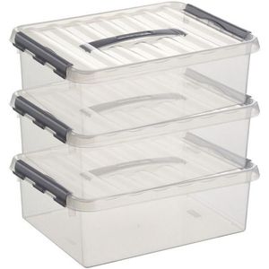 3x Sunware Q-Line opberg box/opbergdoos 10 liter 40 x 30 x 11 cm kunststof - A4 formaat opslagbox - Opbergbak kunststof transparant/zilver