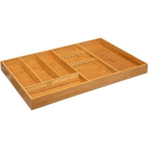 Relaxdays bestekbak uitschuifbaar, bamboe, HxBxD 5 x 30,5-49 x 46 cm, 5-7 vakken, bestek organizer keukenlade, zwart