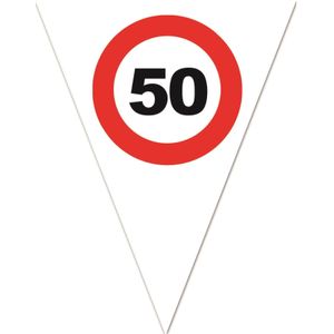 5x stuks leeftijd verjaardag vlaggenlijn met 50 jaar stopbord opdruk 5 meter - Plastic - 10-vlaggetjes per slinger - Feestartikelen/versiering
