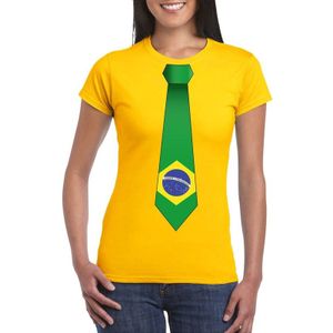 Geel t-shirt met Braziliaanse vlag stropdas dames -  Brazilie supporter