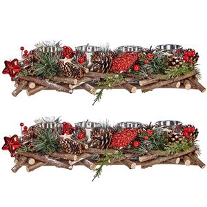 Set van 2x Stuks Kerst Thema Kaarsenhouders Zilver Ornament Red/Green Nature 40 X 16 X 8 cm