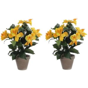 2x stuks hibiscus kunstplanten geel in keramieken pot H40 x D30 cm cm - Kunstplanten/nepplanten met bloemen