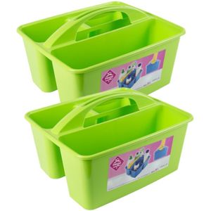 2x stuks groene opbergbox/opbergdoos mand met handvat 6 liter kunststof - 31 x 26,5 x 18 cm - Opbergbakken voor schoonmaakspullen