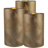 3x Stuks Luxe Led Kaarsen In Goud Bladeren Glas H10 C - H12,5 cm en H15cm - Kerstversiering