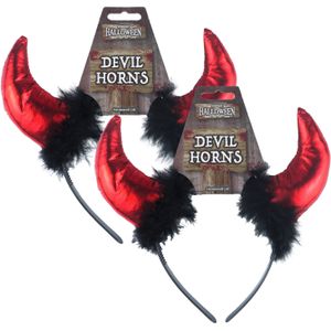 Halloween duivel hoorntjes met bont - 2x - diadeem - rood/zwart - kunststof