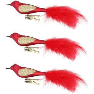 12x stuks decoratie vogels op clip rood 20 cm - Decoratievogeltjes/kerstboomversiering/bruiloftversiering