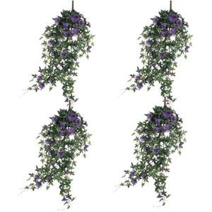 4x stuks groene Petunia kunstplant met paarse bloemen 80 cm - Kunstplanten/nepplanten hangplanten