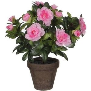 2x Groene Azalea kunstplant  met roze bloemen 27 cm in pot stan grey - Kunstplanten/nepplanten