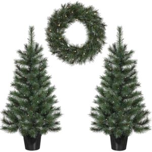 Black Box set - kerstboompjes 2x st - incl. kerstkrans - groen - Glendon - kunstbomen set