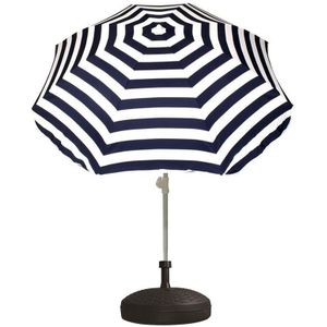 Voordelige set: blauw/wit gestreepte parasol en rotan kunststof parasolvoet zwart - diameter parasol 180 cm