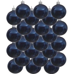 24x Donkerblauwe glazen kerstballen 8 cm - Glans/glanzende - Kerstboomversiering donkerblauw