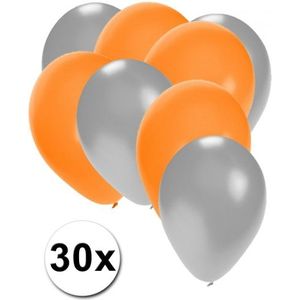 30x ballonnen - 27 cm - zilver / oranje versiering