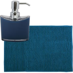 MSV badkamer droogloop mat/tapijtje - 50 x 80 cm - en zelfde kleur zeeppompje 260 ml - donkerblauw