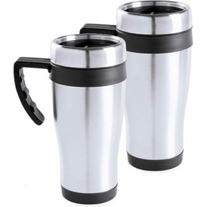2x stuks rVS thermosbeker/warmhoud koffiebekers zwart 450 ml - Isoleerbekers/reisbekers