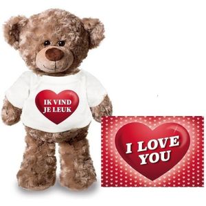 Knuffel Teddybeer Ik Vind Je Leuk Hartje 24 cm met Valentijnskaart A5
