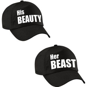 Her Beast en His beauty petten / caps zwart met witte bedrukking voor volwassenen - bruiloft / huwelijk â cadeaupetten / geschenkpetten voor koppels