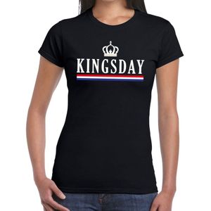 Zwart Kingsday met Hollandse vlag en kroontje t- shirt - Shirt voor dames - Koningsdag kleding