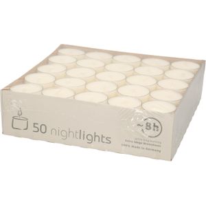 50x Creme/witte theelichtjes/waxinelichtjes 8 branduren - Nightlights kaarsjes - Extra lange brandduur/brandtijd