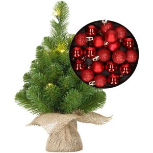 Mini kerstboom/kunstboom met verlichting 45 cm en inclusief kerstballen rood - Kerstversiering