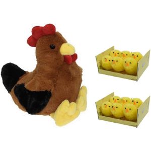 Pluche bruine kippen/hanen knuffel van 25 cm met 12x stuks mini kuikentjes 4 cm - Paas/pasen decoratie