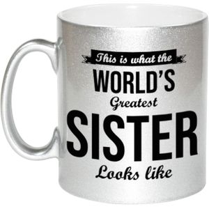 This is what the worlds greatest sister looks like cadeau koffiemok / theebeker - 330 ml - zilverkleurig - verjaardag / cadeau - tekst mokken