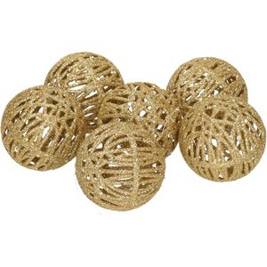 6x Rotan kerstballen goud met glitters 5 cm - kerstboomversiering - Kerstversiering/kerstdecoratie goud