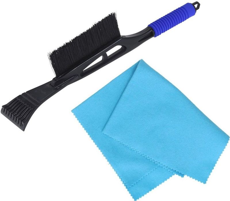 Autoramen extra lange IJskrabber met borstel zwart/blauw 53 cm met anti-condens doek - Winter vorst spullen - Met soft grip handvat
