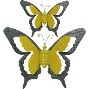 Mega Collections Tuin/schutting decoratie vlinders - metaal - groen - 24 x 18 cm - 46 x 34 cm