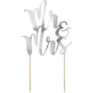 Bruidstaart decoratie topper Mr &amp; Mrs zilver 25 cm - Huwelijk/Trouwerij versiering - Moderne bruidstaart figuurtjes alternatief