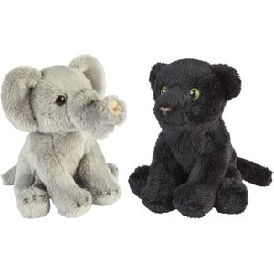 Ravensden - Safari dieren knuffels - 2x stuks - Olifant en Zwarte Panter - 15 cm