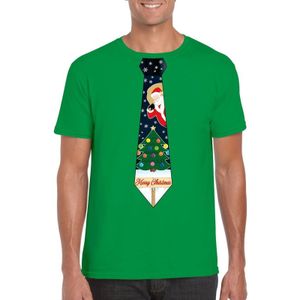 Groen kerst T-shirt voor heren - Kerstman en kerstboom stropdas print