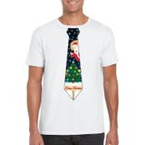Wit kerst T-shirt voor heren - Kerstman en kerstboom stropdas print
