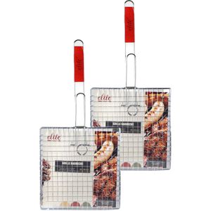 Elite BBQ/barbecue rooster - 2x - klem grill - metaal/hout - 28 x 58 x 1 cm - vlees/vis/groente
