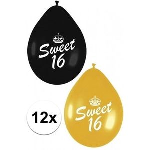 12x Sweet Sixteen themafeest ballonnen zwart/goud - Feestartikelen leeftijd 16