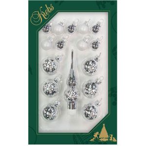 Luxe zilveren glazen mini kerstballen en piek set voor mini kerstboom 16-dlg - Kerstversiering/kerstboomversiering zilver