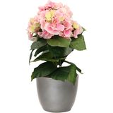 Hortensia kunstplant met bloemen lichtroze - in pot metallic zilver - 40 cm hoog