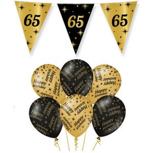 65 jaar verjaardag versiering pakket zwart/goud vlaggetjes/ballonnen